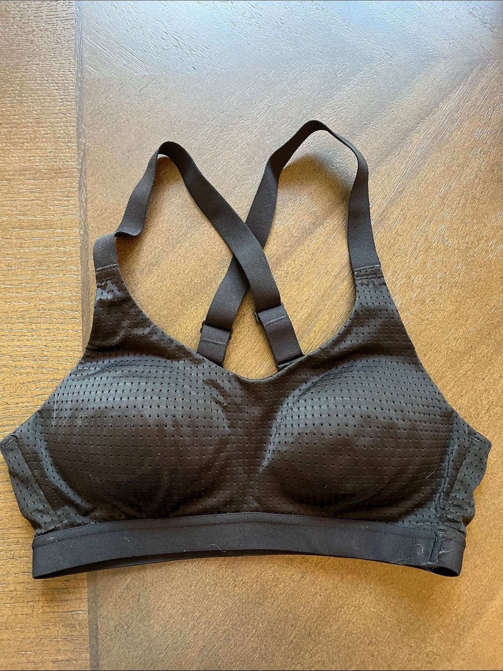 Perforated Black Wireless Padded Sports Bra with Crossback Straps
